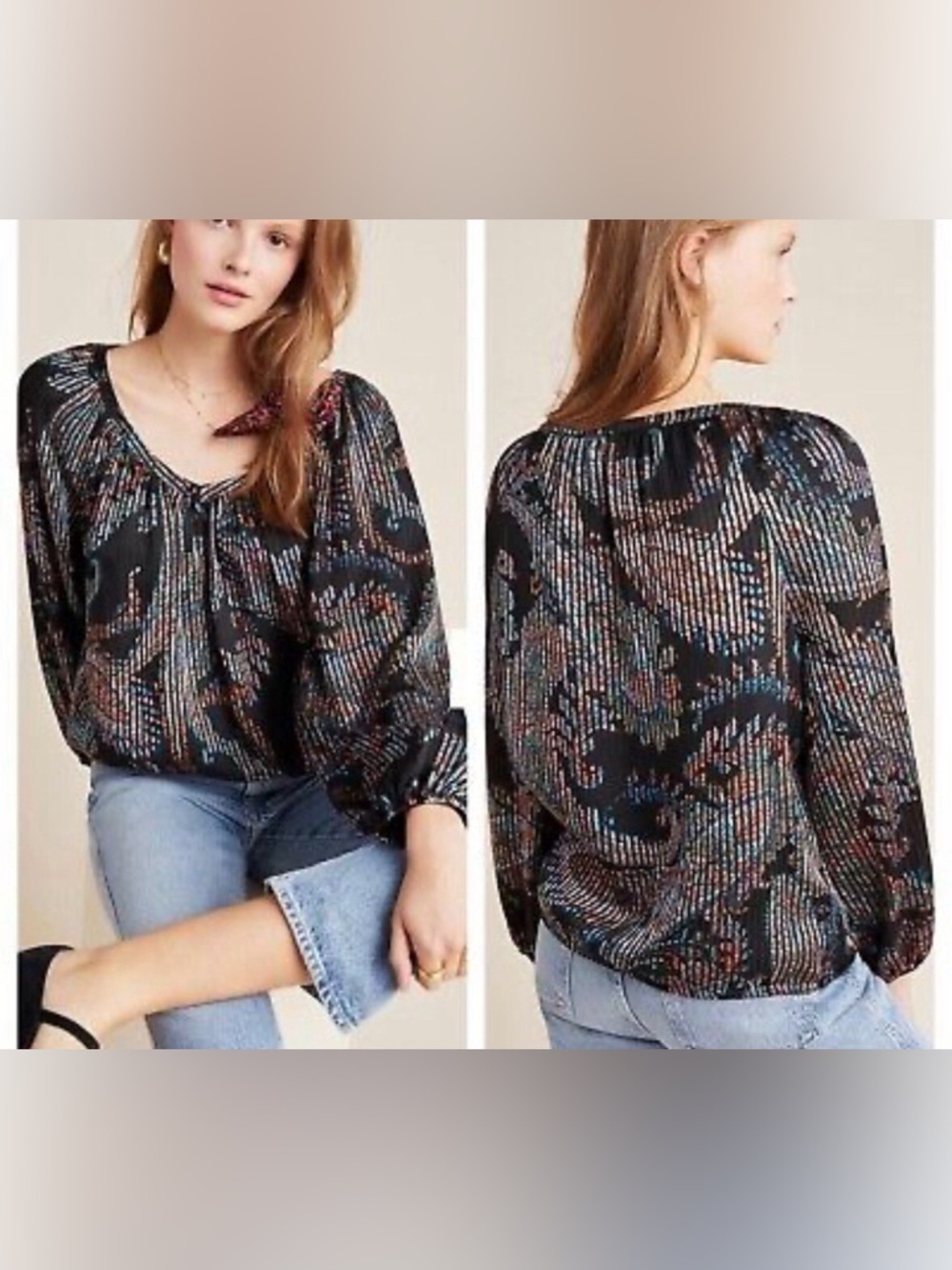 Anthropologie Maeve Black Multicolor Printed Peasant Blouse - oversized size sm